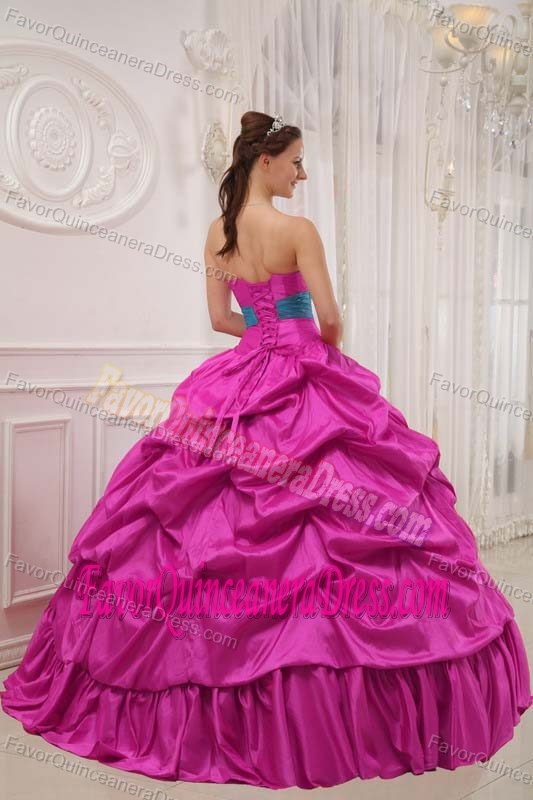 Ornate Strapless Taffeta Beaded Quinceanera Gown in Hot Pink and Blue