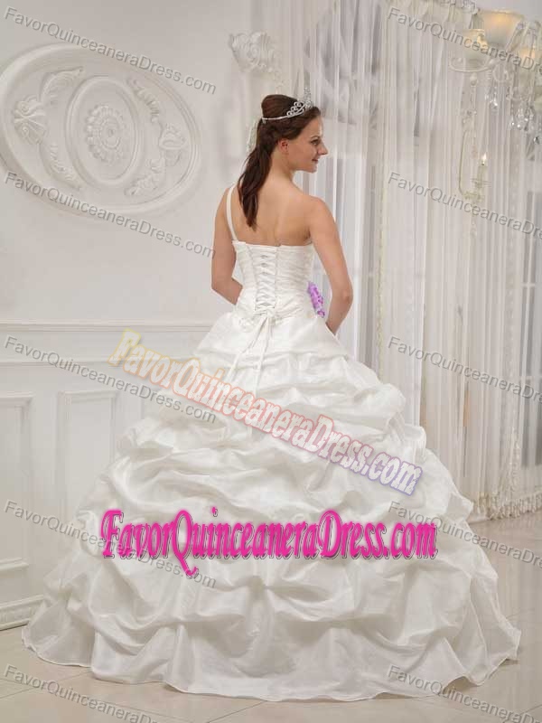 White One Shoulder Taffeta Beaded Quinceanera Dress with Hand Flowers