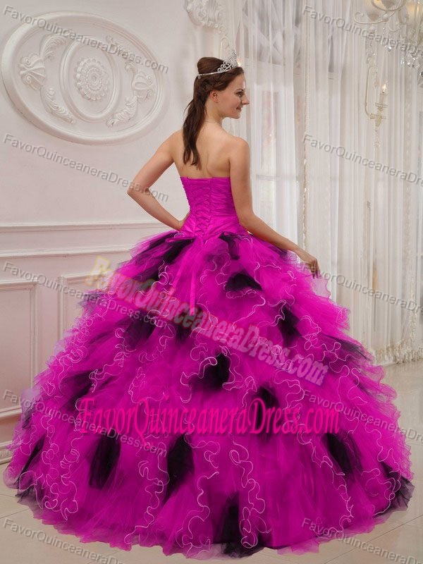 Sweetheart Organza Beaded Ruched Quince Dress in Hot Pink and Black
