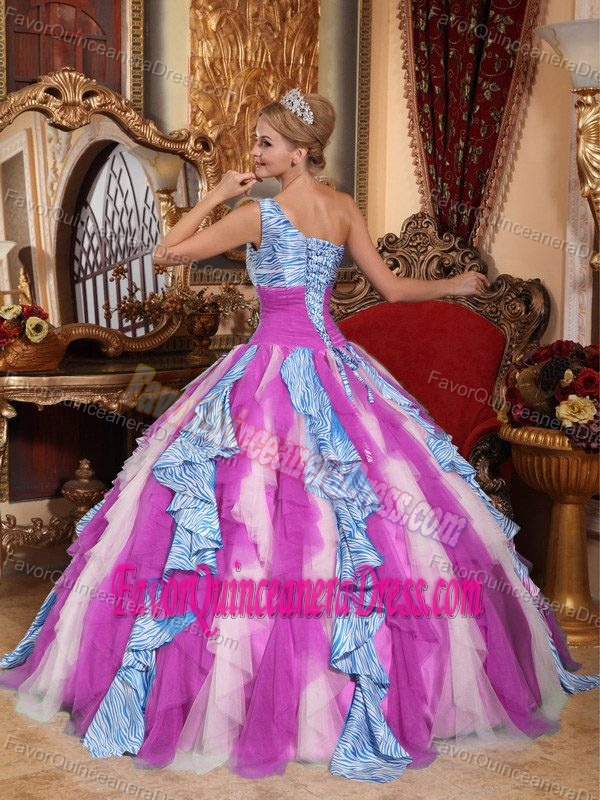 Best Seller Multi-colored One Shoulder Quinceanera Dress with Ruffles