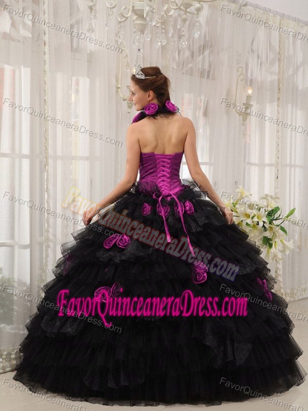 Halter Taffeta Organza Hand Flowers Quince Dress in Fuchsia and Black