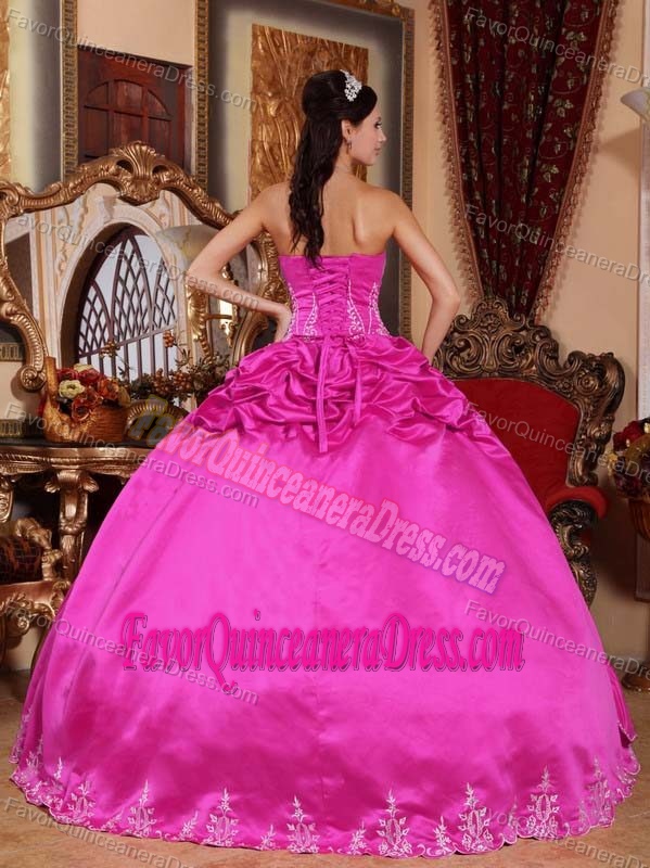 Hot Pink Strapless Satin and Taffeta Quince Dresses with Embroidery