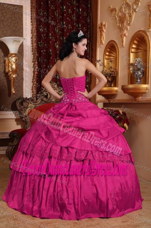 Hot Pink Sweetheart Taffeta Quinceanera Dress with Beading and Appliques