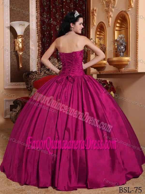 Affordable Strapless Taffeta Beaded Quinceanera Gown Dress in Fuchsia