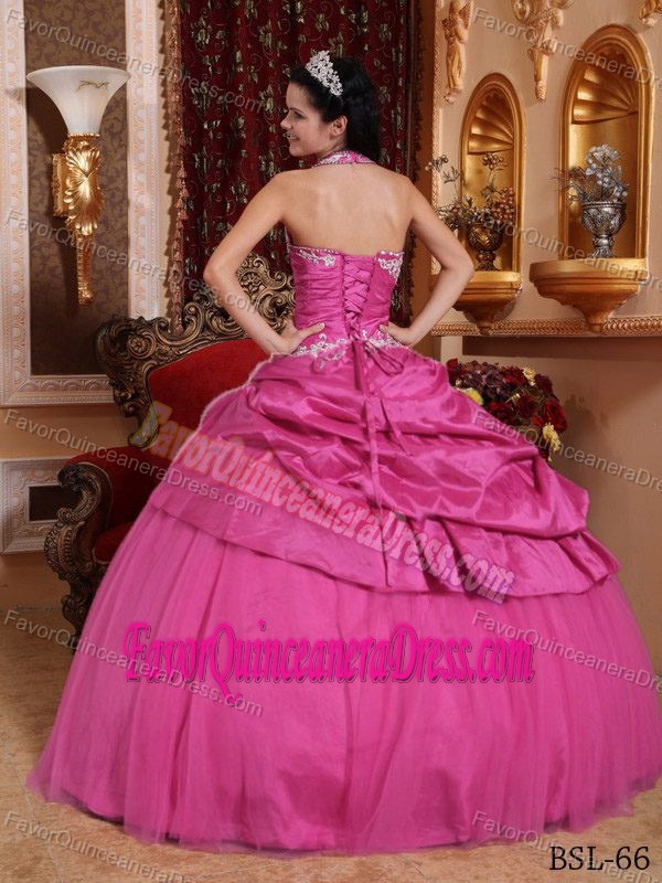 Fitted Halter Taffeta Appliqued Quinceanera Gown Dresses in Rose Pink