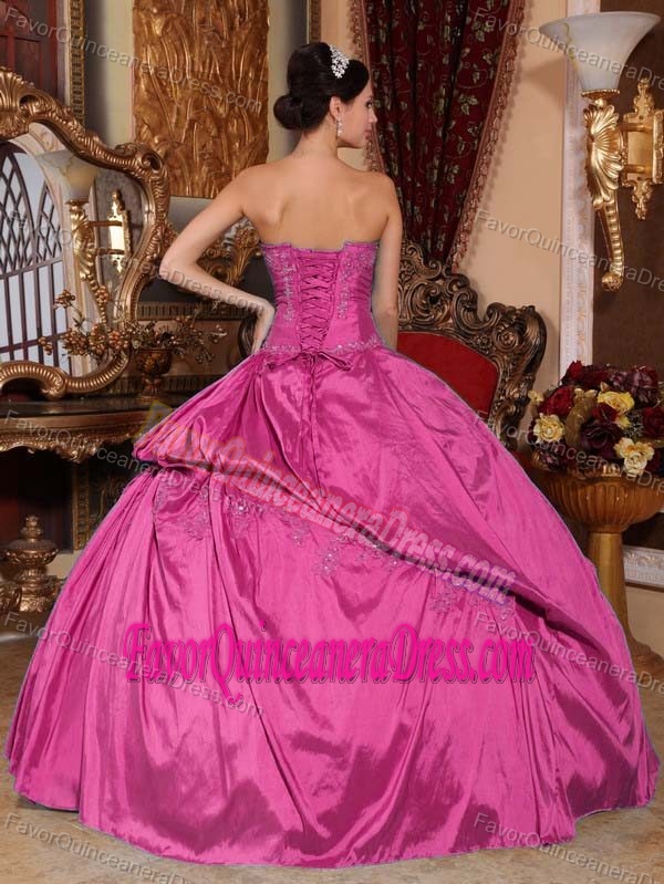 Ornate Hot Pink Strapless Taffeta Quinceanera Gown Dress with Beading