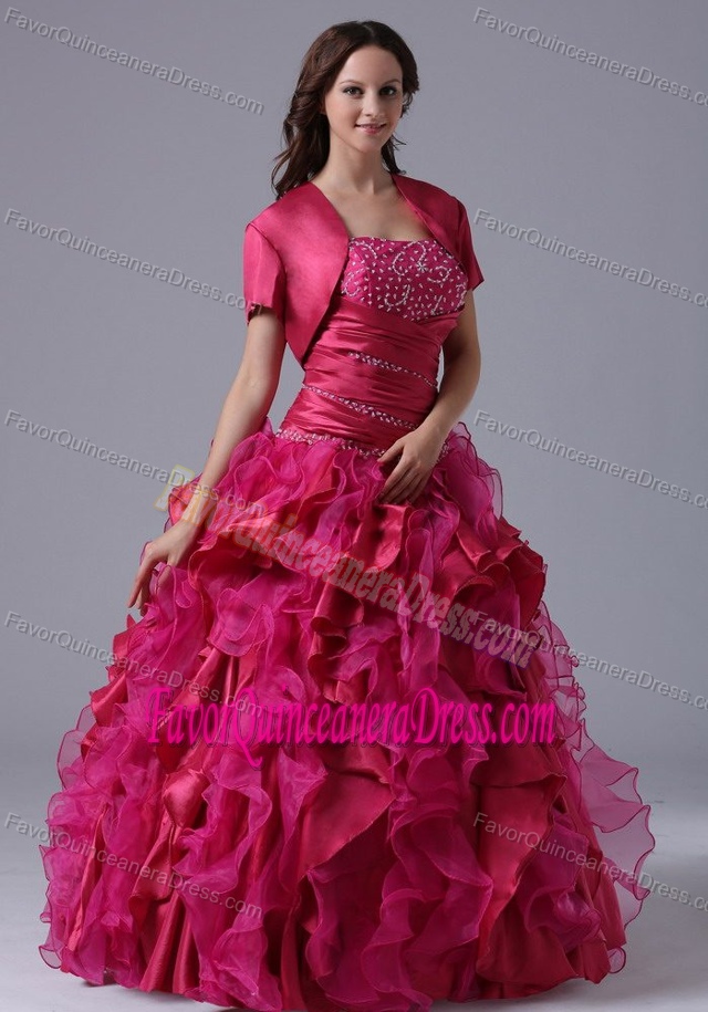 Beaded Strapless Ruched Quinceanera Dress with Ruffled Layers in Fuchsia