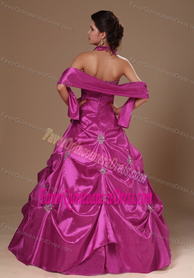 Halter Top Floor-length Taffeta Quinceanera Dresses with Pick Ups in Fuchsia
