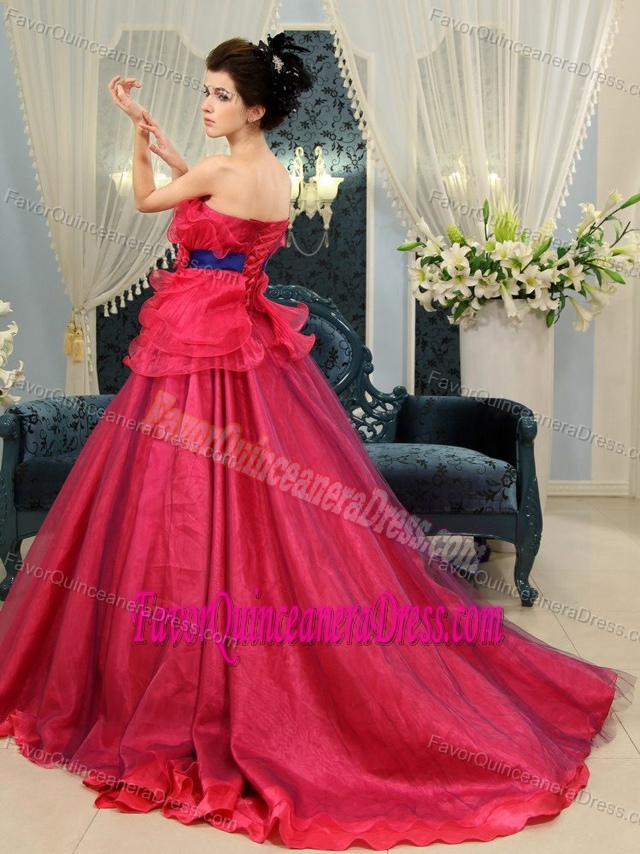 Coral Red A-line Organza One Shoulder Quinceanera Dress with Hand Flowers