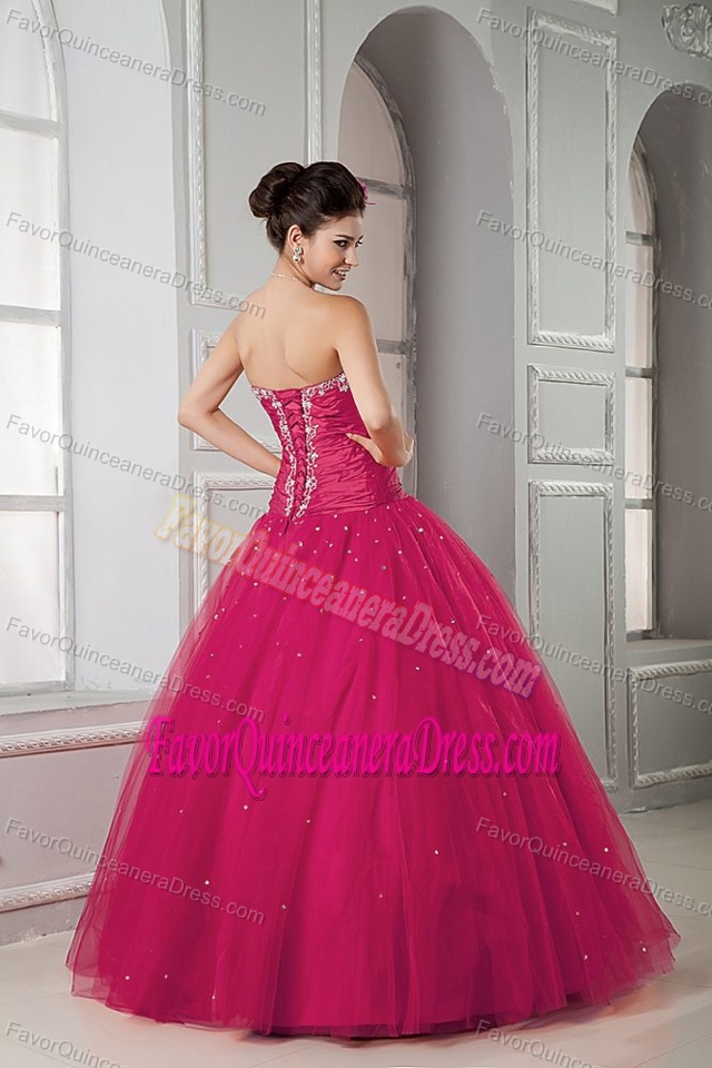 Coral Red Sweetheart Floor-length Tulle Quinceanea Dresses with Beading