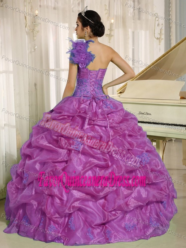 Lavender One Shoulder Quinceaners Dresses with Embroidery and Pick-ups