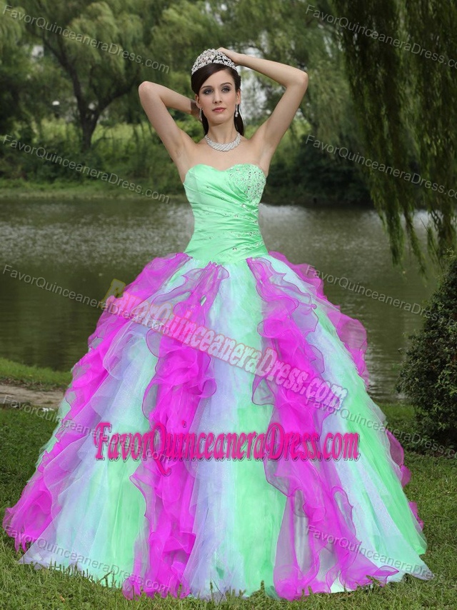 Colorful Strapless Floor-length Beaded Quincenaera with Ruffles in Organza