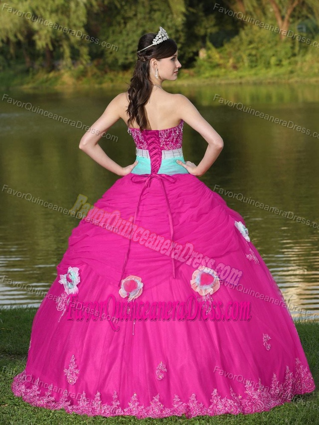 Strapless Hot Pink Tulle Quinceanera Dress for Girl with Hand Made Flowers