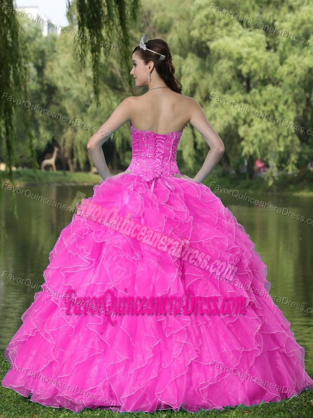 Beaded Sweetheart Floor-length Quinceanera Dress with Ruffles in Hot Pink