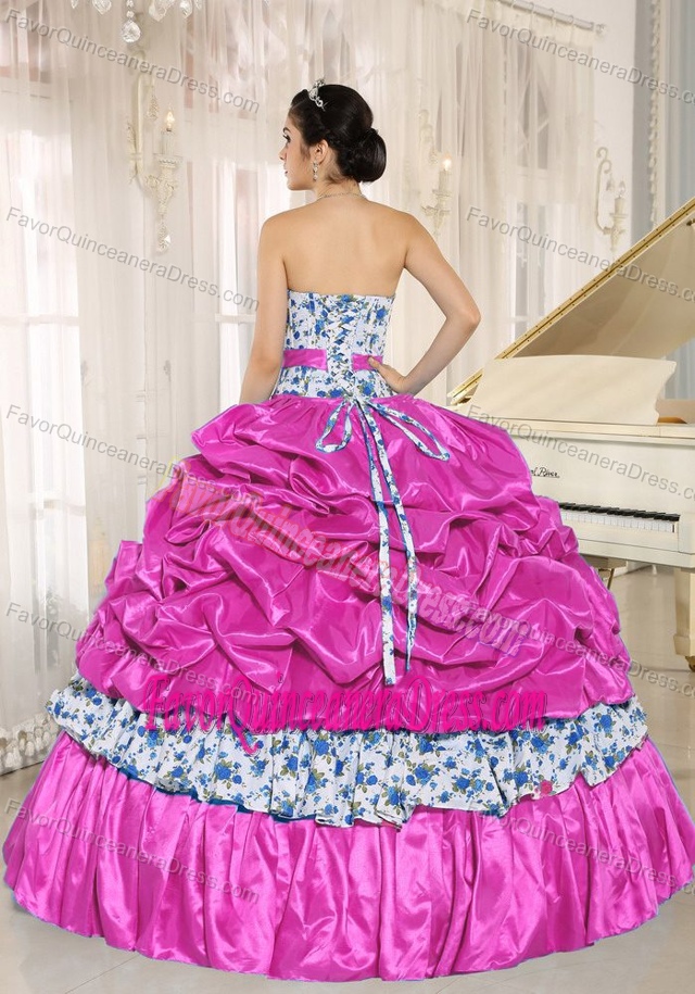 Beaded and Pick-ups Hot Pink Quinceanera Dresses in Taffeta and Printing