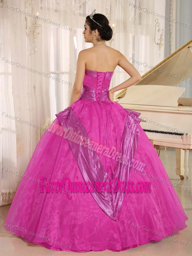Hot Pink Beaded Strapless Quinceanera Gowns with Belt in Organza Fabric