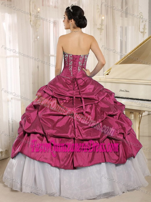 Luxurious Fuchsia and White Embriodery Quinceanera Dress with Pick Ups