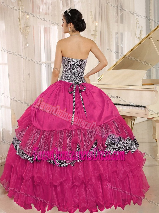 Coral Red Sweetheart Ruffled Quinceanera Dress with Zebra and Beading