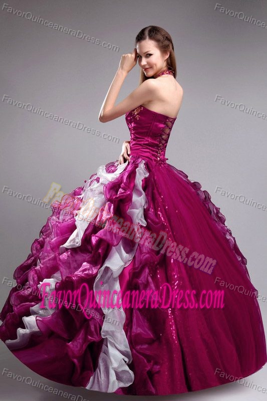 Unique Appliqued Halter Top Organza Quinceanera Dress with Ruffled Layers