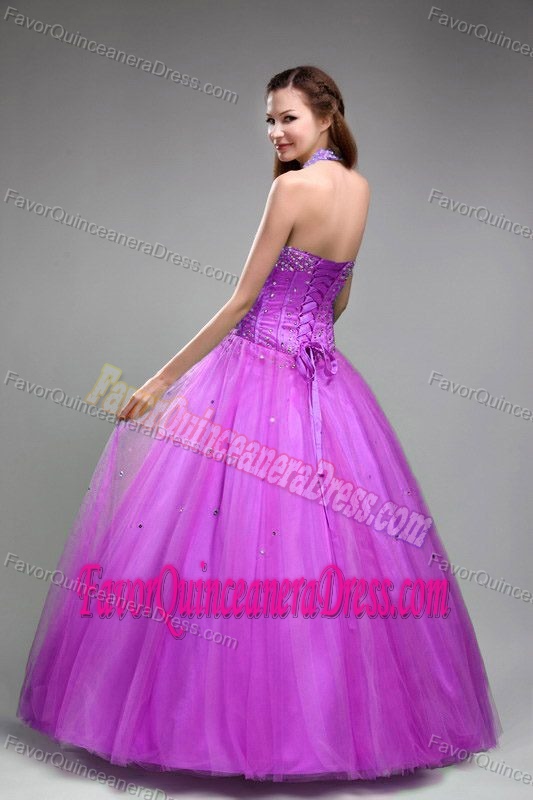 New Beaded Halter Top Floor-length Tulle Quinceanera Dress with Beading