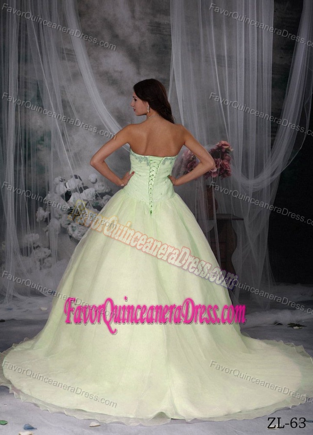 Cute Appliqued Sweetheart Court Train Light Green Quinceanera Dress with Flower