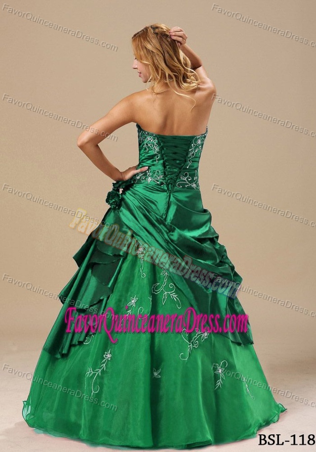 Embroidered Hunter Green Taffeta and Organza Dress for Quince with Pick-ups