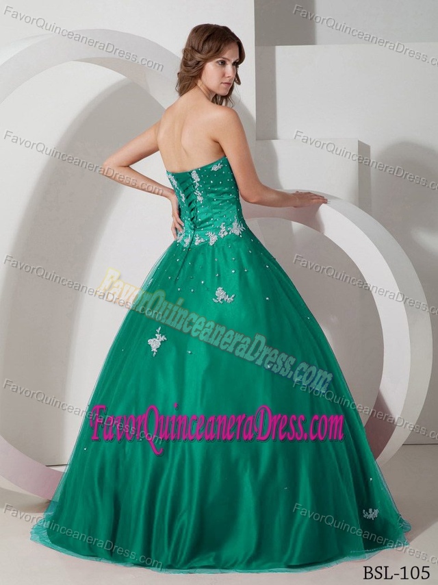 Strapless Green Taffeta and Tulle Appliqued Quinceanera Dresses with Beading