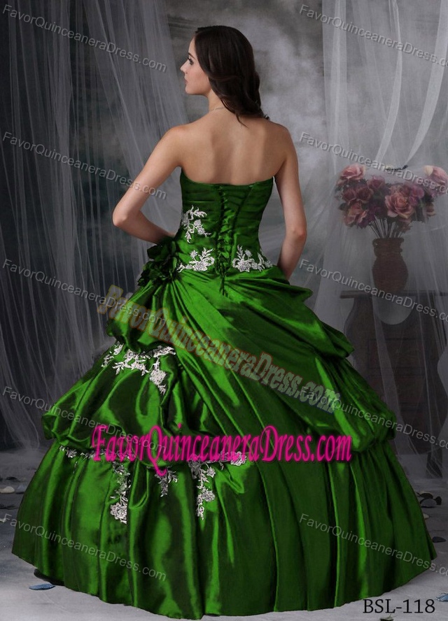 Strapless Hunter Green Taffeta Quinceanera Dress with Appliques and Pick-ups