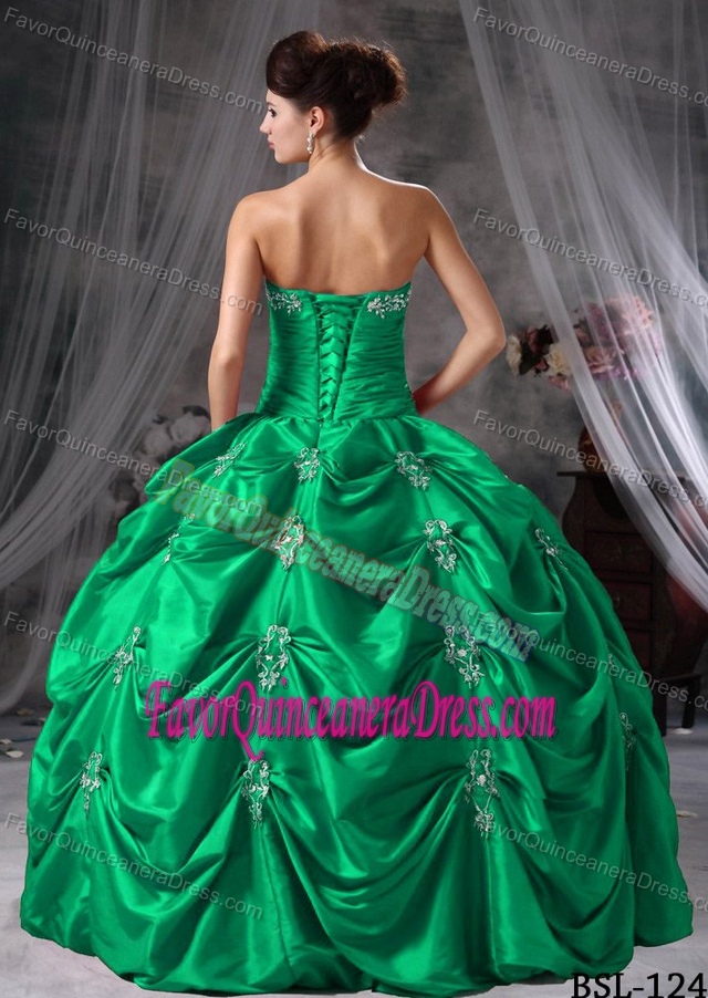 Strapless Dark Green Taffeta Quinceanera Dresses with Pick-ups and Appliques