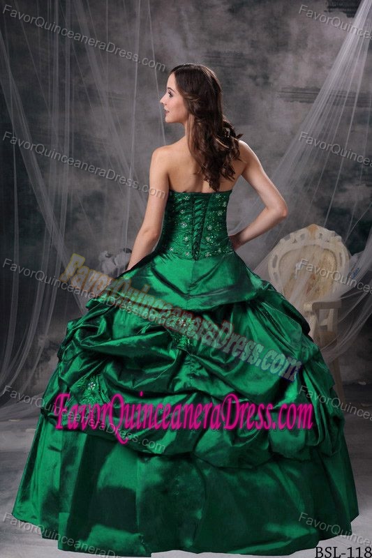 2013 Strapless Hunter Green Taffeta Dress for Quince with Pick-ups and Flowers