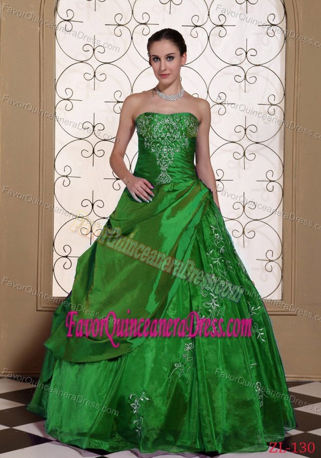 Hunter Green Embroidered Taffeta Dress for Quince with Pick-ups and Appliques