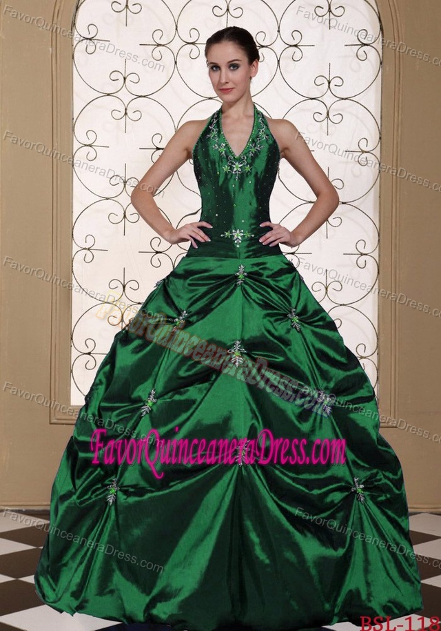Embroidered Strapless Green Taffeta and Organza Quinceanera Dress with Flower