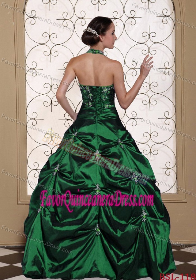 Embroidered Strapless Green Taffeta and Organza Quinceanera Dress with Flower