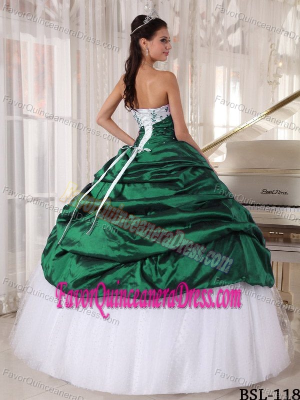 Hunter Green Taffeta and White Tulle Strapless Dress for Quince with Appliques