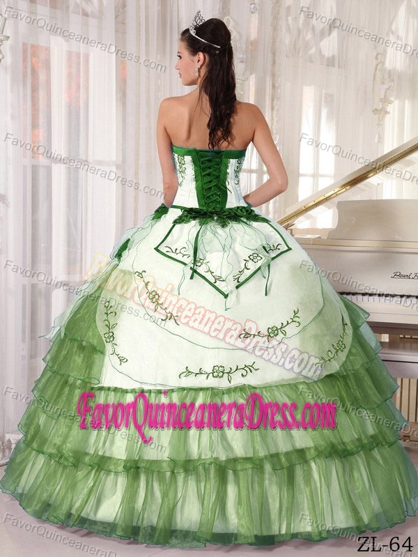 Embroidered Strapless White and Green Organza Dress for Quince with Layers