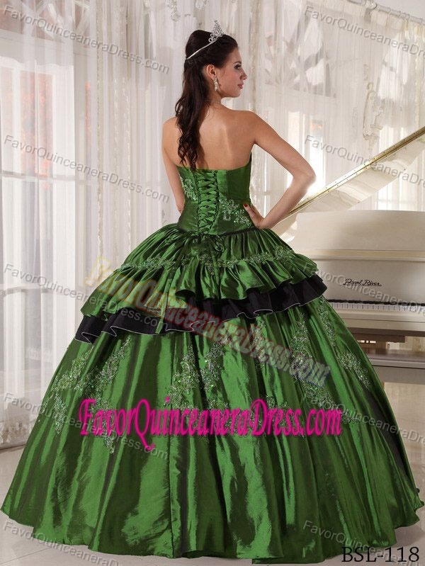 Classy Strapless Dark Green Taffeta Quinceanera Dress with Appliques and Layers