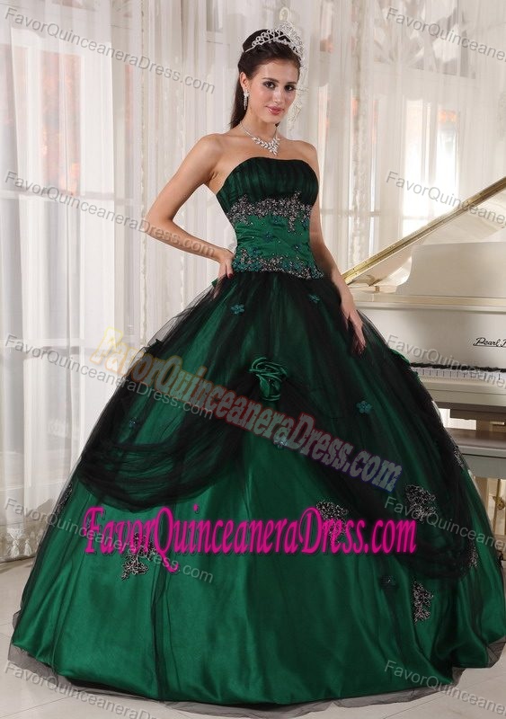 Appliqued Strapless Hunter Green Taffeta Quinceanera Dresses with Black Tulle