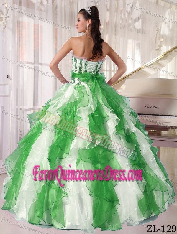 Best White and Green Strapless Appliqued Organza Dress for Quince with Ruffles