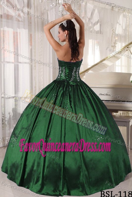 Ruched Strapless Embroidered Beaded Hunter Green Taffeta Quinceanera Dress