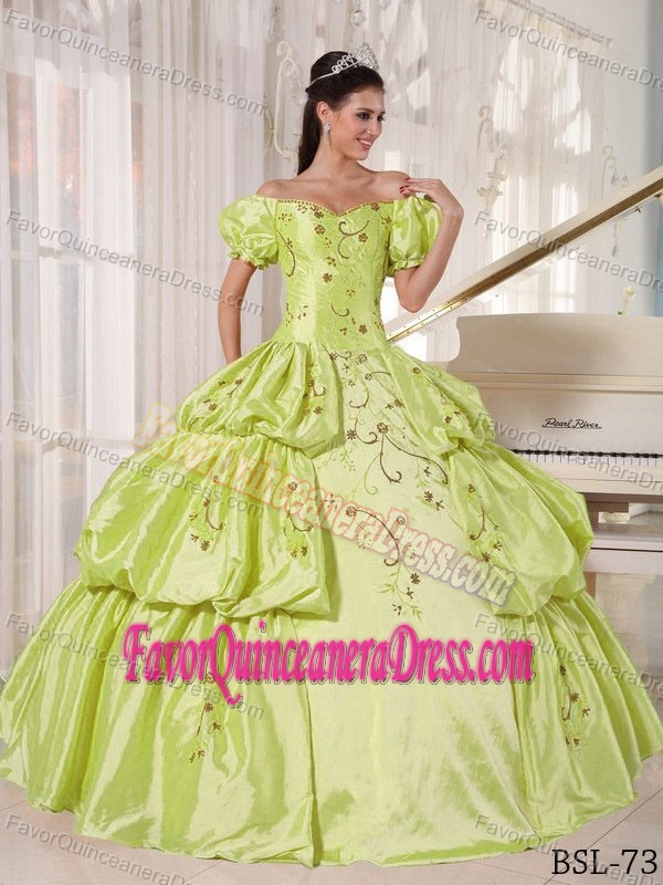 Yellow off-the-shoulder Taffeta Embroidered Quinceanera Dress with Pick-ups