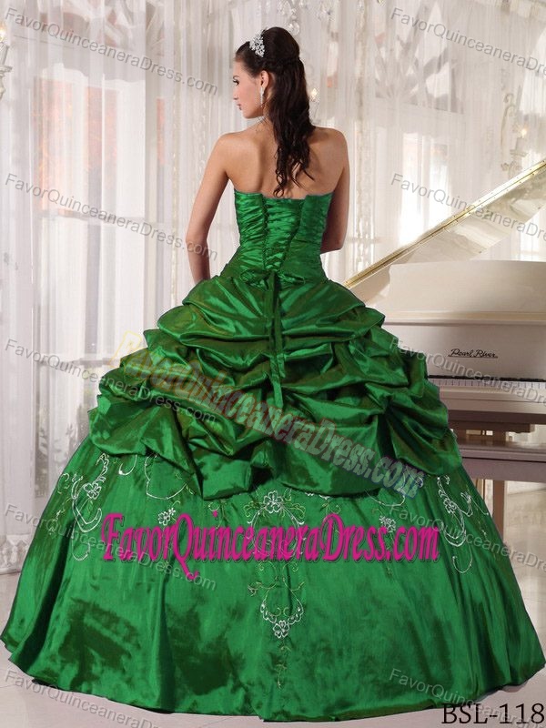 Strapless Hunter Green Taffeta Quinceanera Dress with Pick-ups and Embroidery