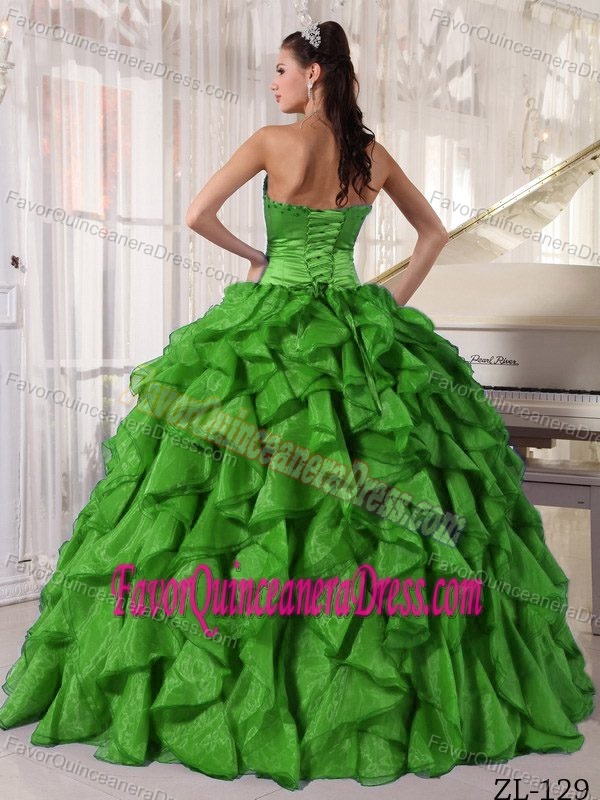 Dramatic Beaded Strapless Green Satin and Organza Dress for Quince with Ruffles