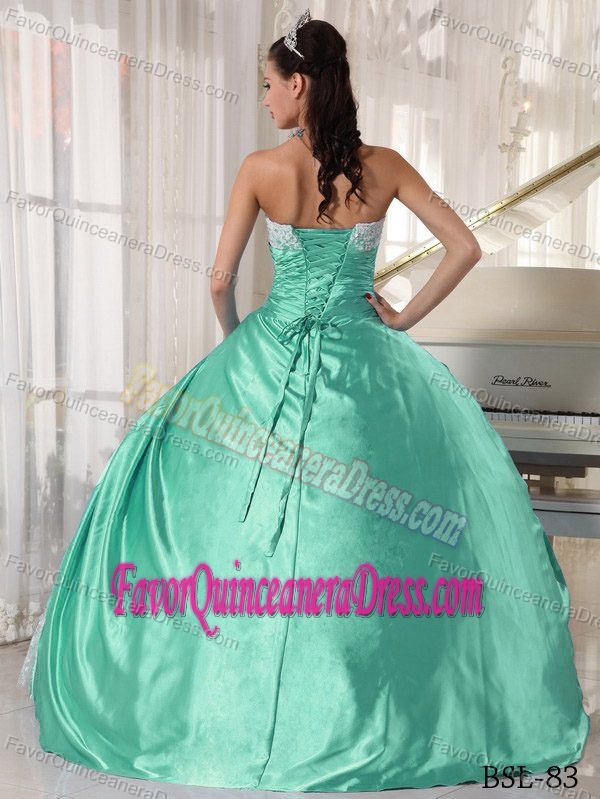 Special Strapless Apple Green Lace and Taffeta Quinceanera Dresses with Flower