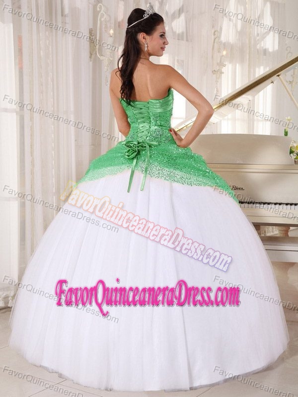 Sassy Halter Ruched Green Sequin and White Tulle Quinceanera Dress with Ruching