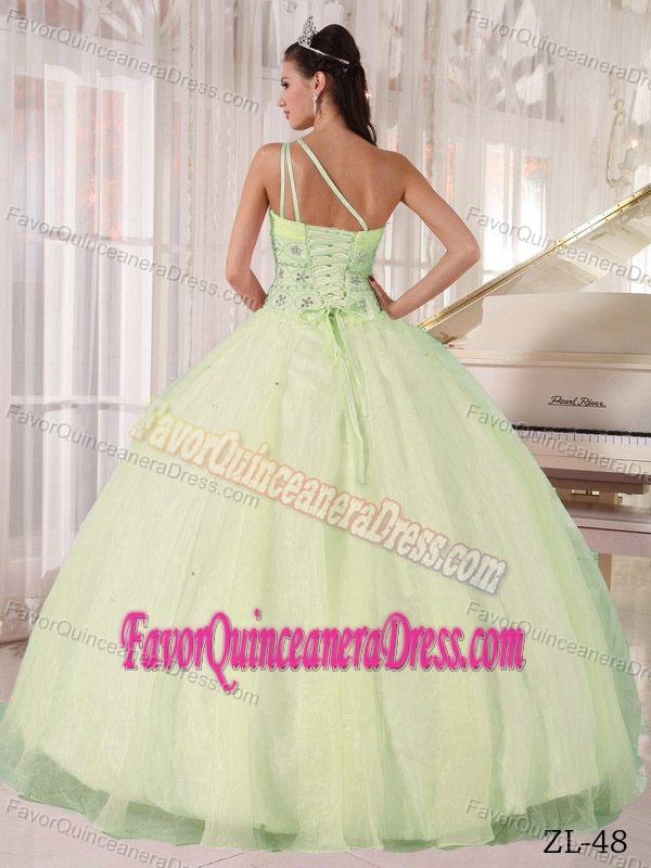 Best Seller Light Green One-shoulder Organza Sweet 16 Dresses with Appliques