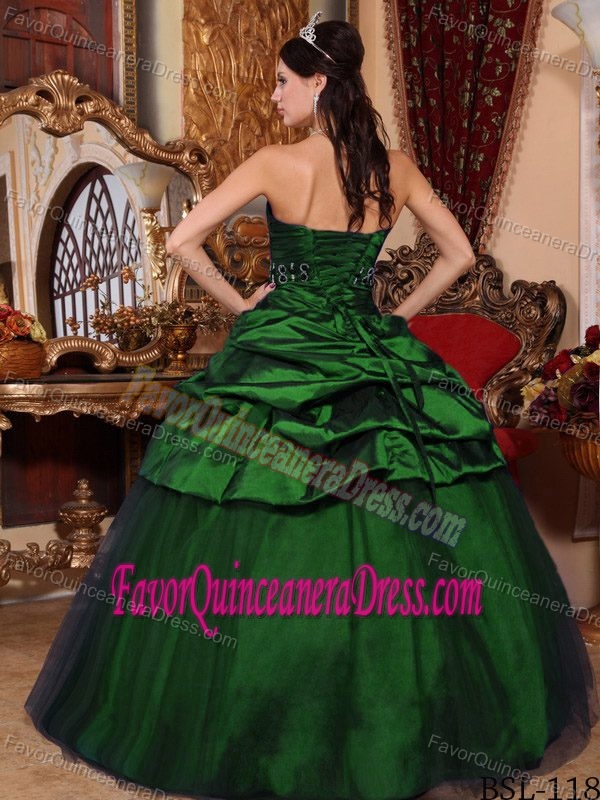 Strapless Hunter Green Taffeta and Tulle Beaded Quinceanera Dress with Pick-ups