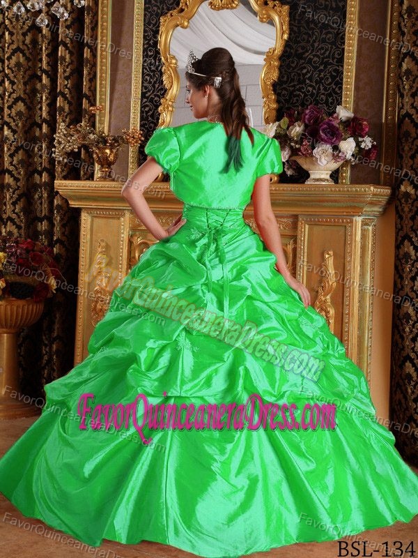 Beaded Green Taffeta and Organza Quinceanera Dress with Pick-ups and Jacket
