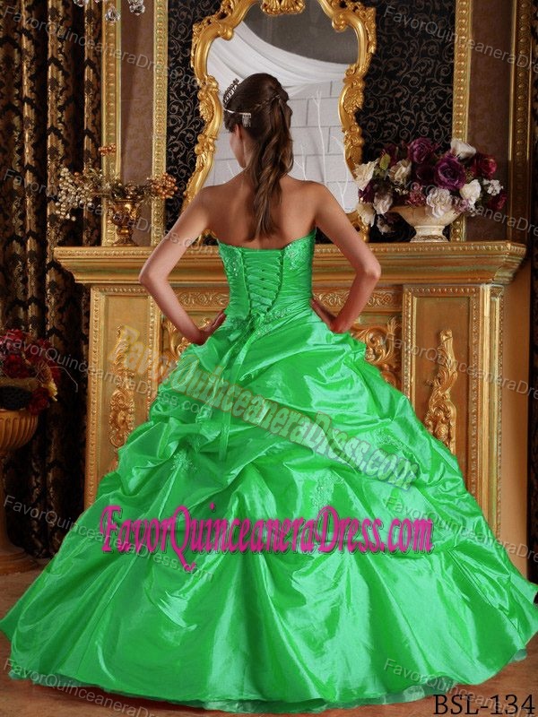 Beaded Green Taffeta and Organza Quinceanera Dress with Pick-ups and Jacket