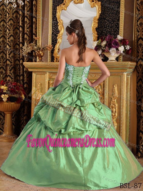 Olive Green Strapless Taffeta Organza Appliqued Quinceanera Dress with Pick-ups