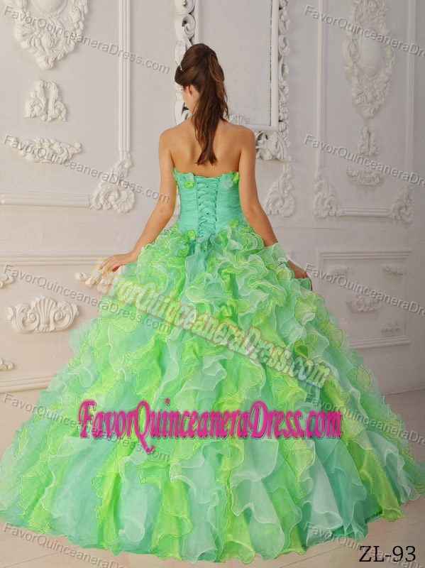 Cute Multi-colored Strapless Organza Quinceanera Dress with Ruffles and Flowers